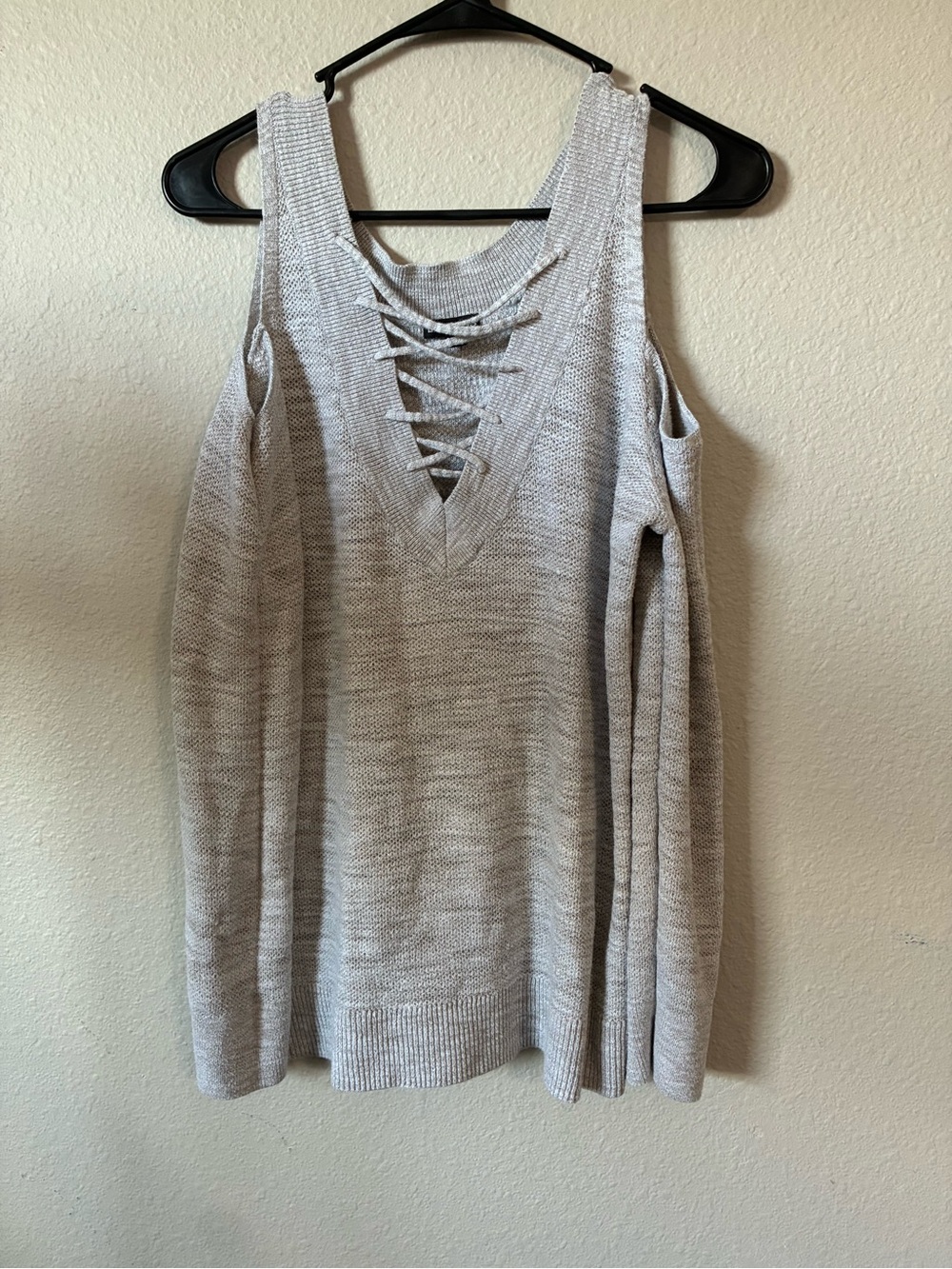 Express Cream Cold-Shoulder Lace-Up V-Neck Sweater